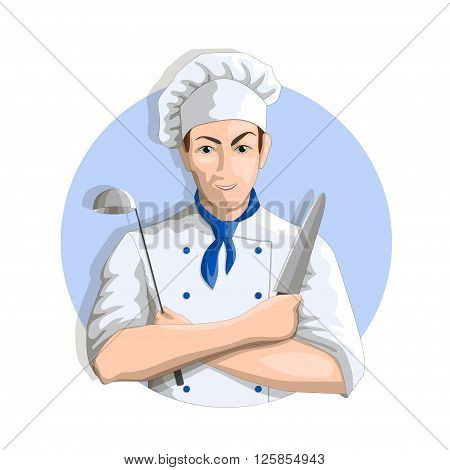 Smiling chef with knife and ladle. Eps10 vector illustration on a white background