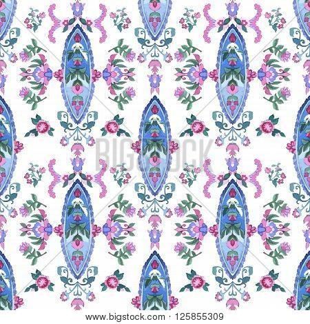 Watercolor Paisley Seamless Background on White. Cold Colors. Indian, Persian or Turkish Art. Vector Handdrawn Pattern.