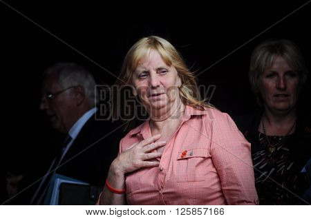 LIVERPOOL: United Kingdom: Sept 12th 2012 - Hillsborough campaigner Margaret Aspinall leaves Liverpool Cathedral after the second inquest results into the disaster was released relinquishing all blame away from the fans.