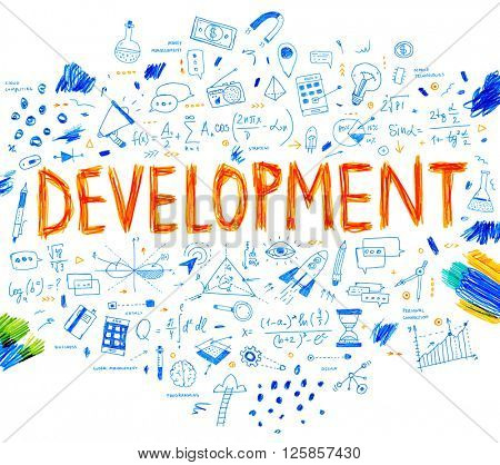 Hand Drawn Style Business Design. Pencil Sketch. Set of application development, web site coding, information and mobile technologies vector icons and elements. Development concept.