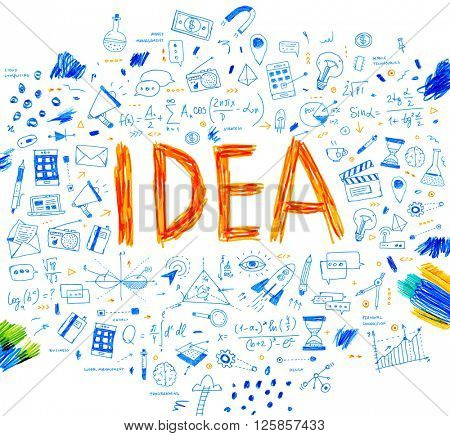 Hand Drawn Style Business Design. Pencil Sketch. Set of application development, web site coding, information and mobile technologies vector icons and elements. Idea concept.
