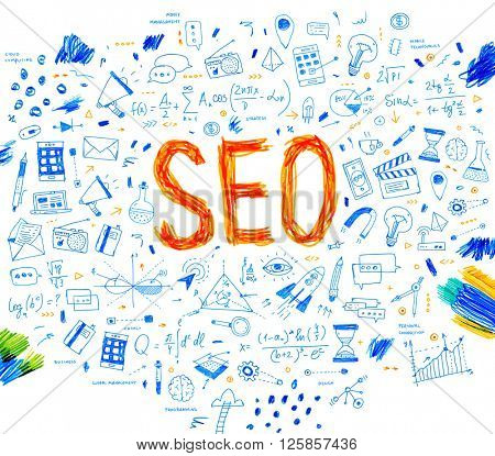 Hand Drawn Style Business Design. Pencil Sketch. Set of application development, web site coding, information and mobile technologies vector icons and elements. Seo concept.