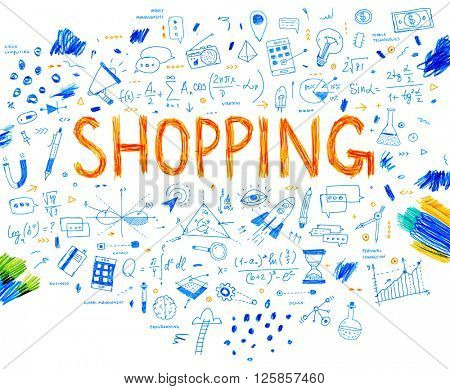 Hand Drawn Style Business Design. Pencil Sketch. Set of application development, web site coding, information and mobile technologies vector icons and elements. Shopping concept.