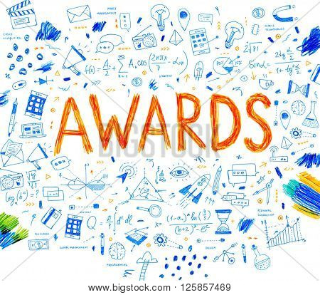 Hand Drawn Style Business Design. Pencil Sketch. Set of application development, web site coding, information and mobile technologies vector icons and elements. Awards concept.