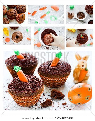 Recipe step by step collage for cooking chocolate cupcakes decorated with marzipan carrots for Easter meal