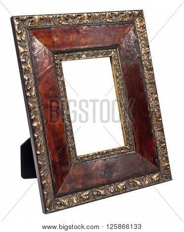 Antique wooden photo frame with empty space isolated on white background