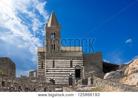 The ancient church of San Pietro (consecrated in 1198) in Portovenere or Porto Venere (UNESCO world heritage site) - La Spezia Liguria Italy