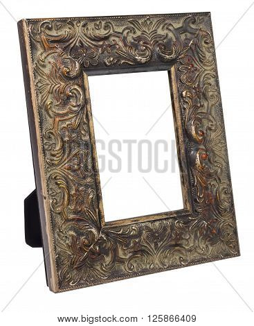 Antique wooden photo frame with empty space isolated on white background