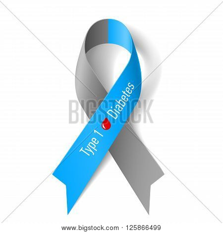 Gray and blue ribbon with blood drop as symbol of diabetes Type 1
