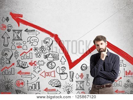 Research concept with businessman and red arrow sketch on cocnrete wall
