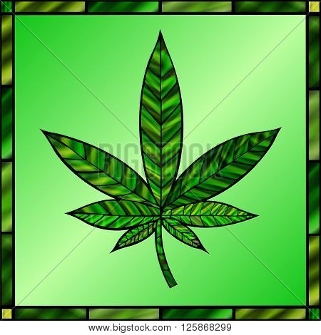 Stunning cannabis leaf in stained-glass style in green.