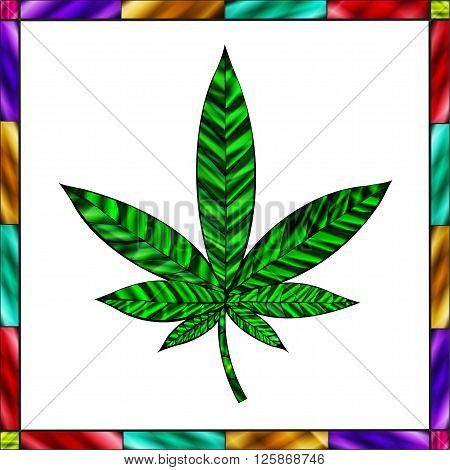 Stunning cannabis leaf in stained-glass style with border and white background.
