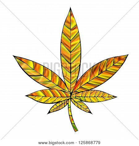 Stunning yellow gold cannabis leaf in stained-glass style isolated on white.