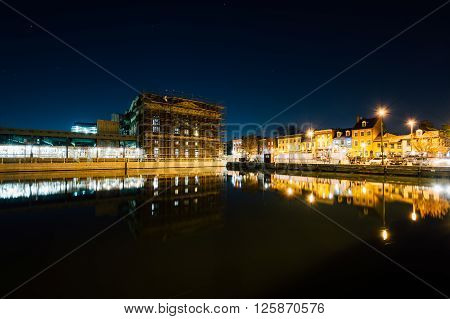 Buildings On The Waterfront In Fells Point At Night, In Baltimore, Maryland.
