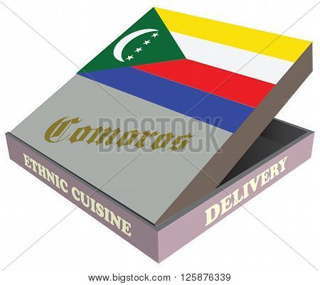 Delivery Ethnic cuisine Comoros. Cardboard packaging. Vector illustration.