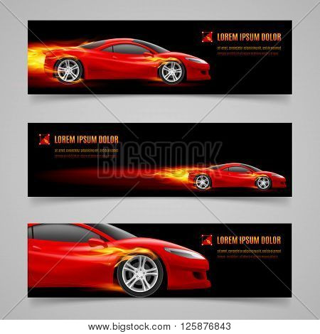 Set of banners with racing car in orange flame