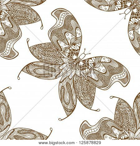 Zentangle stylized brown Butterfly seamless pattern for textile fashion design. Fabric. Zentangle Art collection.