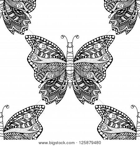 Zentangle stylized Butterfly seamless pattern for textile fashion design. Fabric. Zentangle Art collection.