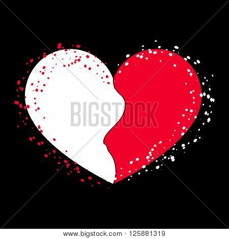 Halves heart icon. Two half puzzle. Broken shape sign isolated on black background. Beautiful symbol of heartache passion or Valentine day romantic love. Drawing brush grunge. Vector illustration