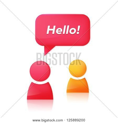 People icons and dialog speech bubble with text Hello. Chat room icon design concept. Abstract woman glossy 3D icon starts dialog with friend. Vector illustration