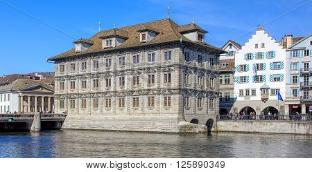 Zurich, Switzerland - 10 April, 2016: the Rathaus building with the Rathaus police station (German: Rathausposten) in the background. The Rathaus in Zurich is Zurich's Town Hall.