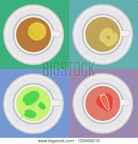 Set of tea cups with mint, lemon, strawberry and apple. Retro tea cups