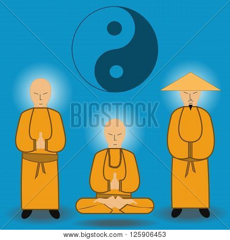 Vector illustration of chinese shaolin monks . Ancient kung-fu fighters.