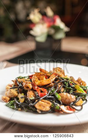 Food series : Spicy black spaghetti with prawns
