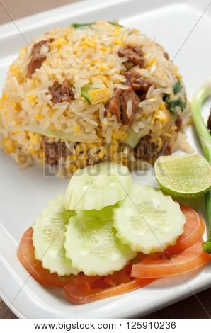Food series : Fried rice with fried pork on white plate