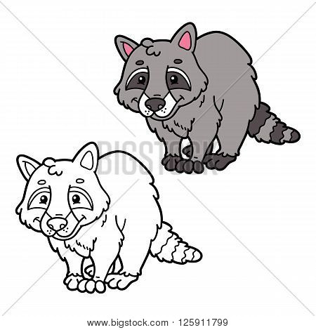 educational kids raccon cartoon coloring page. Vector educational coloring page of happy cartoon raccoon for children, coloring and scrap book