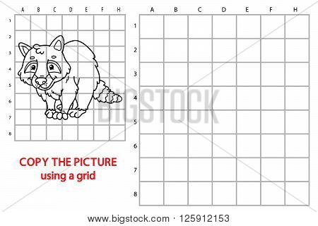 raccoon educational grid game. Vector illustration of grid copy educational puzzle game with happy cartoon raccoon for children