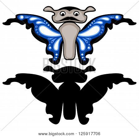 Blue butterfly with silhouette. Isolated on white background