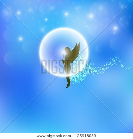 Vector illustration of a forest fairy or elf. Blue background. Magic flower. Magic dust.