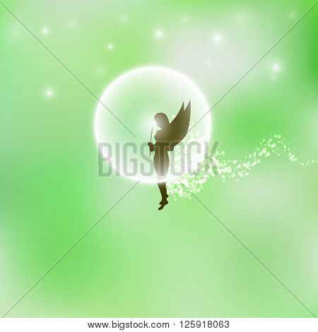 Vector illustration of a forest fairy or elf. Green background. Magic flower. Magic dust.