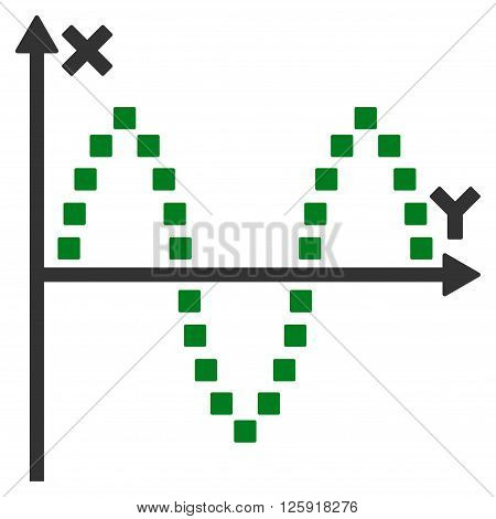 Sinusoid Plot vector toolbar icon. Style is bicolor flat icon symbol, green and gray colors, white background, square dots.