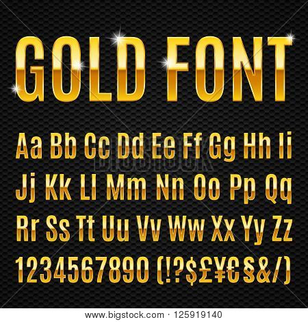 Golden alphabet letters numbers and signs currancy
