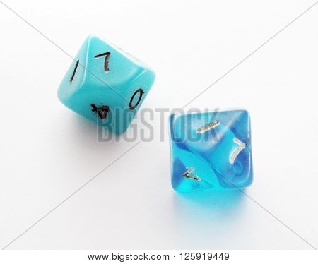 Ten side blue dice on white background