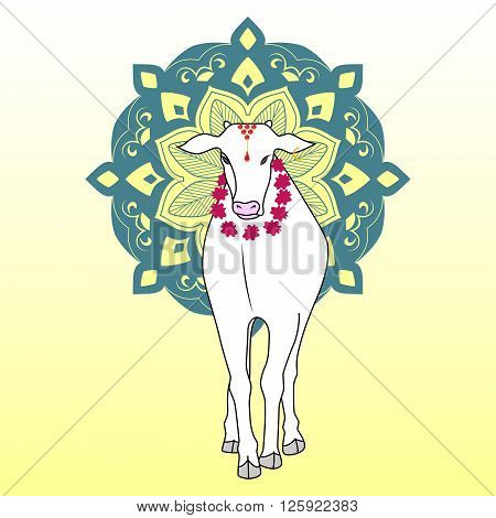 Decorative illustration of Indian cow with ornaments on light background. Use for t-shirt, poster, cards, tattoo design.
