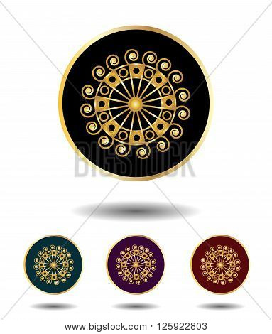 Vector Icon Logo Set 3 In 1 With Vintage Gothic Gold Ancient Sun Sign On Black, Green, Violet And Re