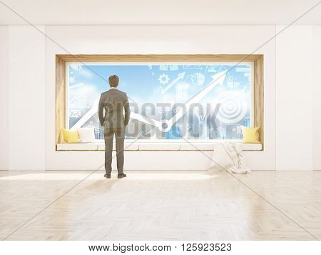 Businessman in interior design with window seat and business chart view. 3D Rendering