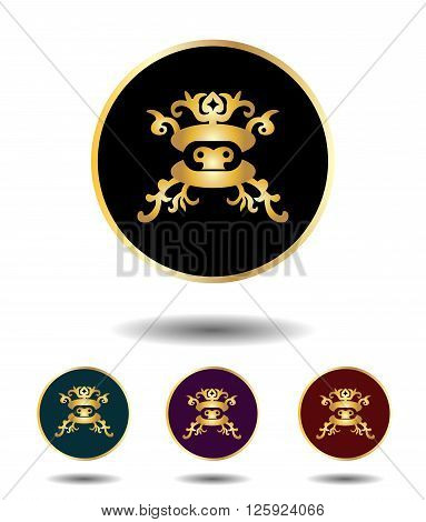 Vector Icon Logo Set 3 In 1 With Vintage Gothic Gold Mongolian Mask On Black, Green, Violet And Red