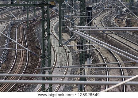 Railroad, Rail Tracks, Railways And Power Supply Lines
