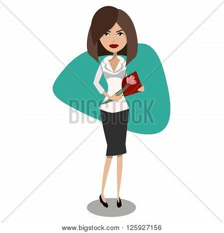 Cartoon vector female secretary, office worker character design. Beautiful attractive girl standing and receiving flowers and congratulations.
