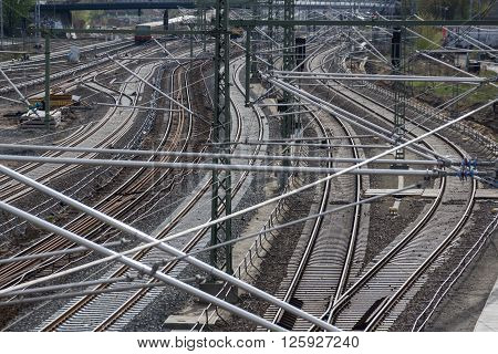 Railroad, Rail Tracks, Railways And Power Supply Lines
