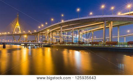 Bhumibol suspension Bridge in Thailand, also known as the Industrial Ring Road Bridge, in Thailand. The bridge crosses the Chao Phraya River at twilight.