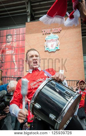 LIVERPOOL, UK - MAY 11th 2014: Liverpool Football Club supporters outside Anfield for the final title race match of the season against Newcastle