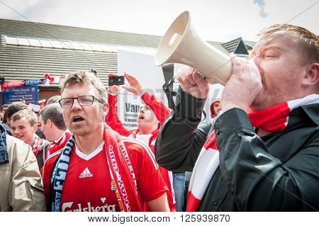 LIVERPOOL, UK - MAY 11th 2014: Liverpool Football Club supporters outside Anfield for the final title race match of the season against Newcastle