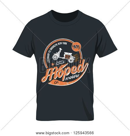 Vintage American moped old grunge effect tee print vector design illustration. 
Premium quality superior retro scooter logo concept. NY shabby t-shirt emblem.
