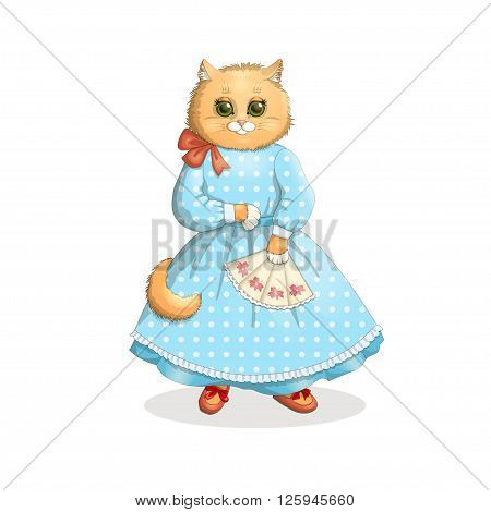 Victorian Romantic red cat with a blue polka dot dress and shoes with a fan on a white background
