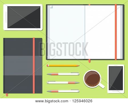 Set of opened and closed sketchbook or notebook with pencil, pen, mobile phone, tablet and cup of coffee in top view. Vector illustration